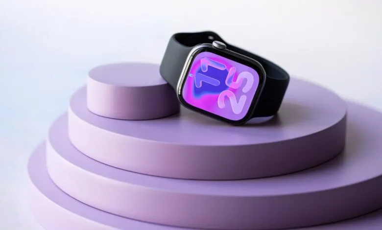 Apple Watch Series 8 with black band rests on a lavender-colored tiered display.