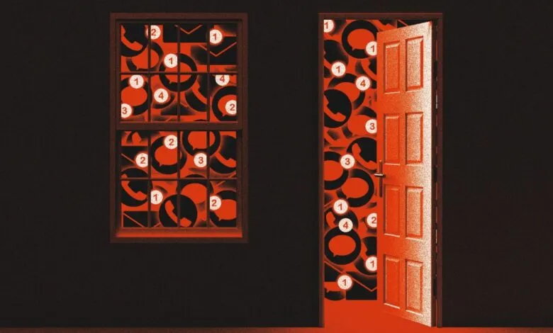 Illustration of a window and open door filled with overlapping red speech bubbles and communication icons.