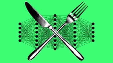 Knife and fork crossed over a neural network graphic, symbolizing AI's impact on food.