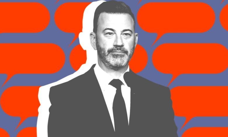Black and white portrait of Jimmy Kimmel against a background of orange speech bubbles.