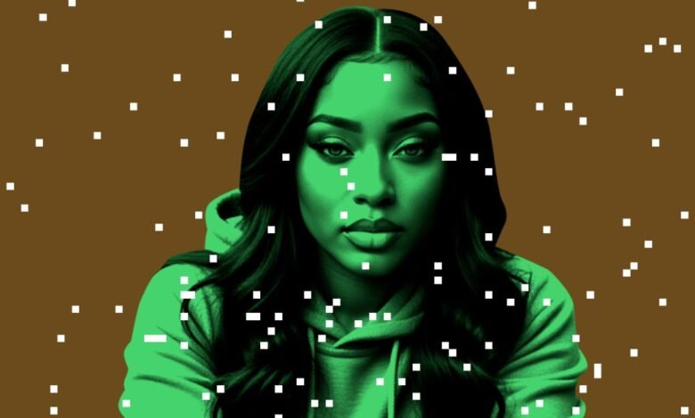 Portrait of a young woman with long dark hair, wearing a green hoodie, against a brown background with white squares.