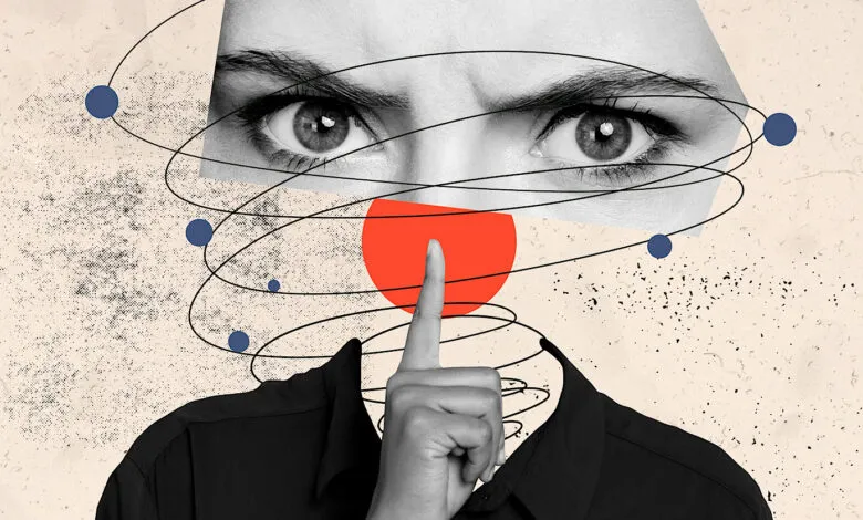 Abstract collage of a woman's face with swirling lines and a finger to her lips, suggesting silence or secrecy.