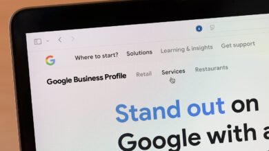 Close-up of a laptop screen displaying the Google Business Profile website.