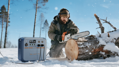 Man uses chainsaw to cut wood in snowy forest, powered by Bluetti portable power station.