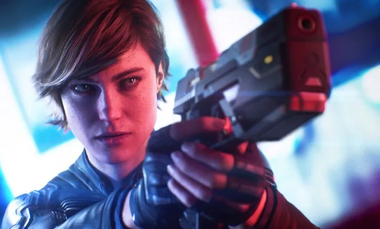 A woman with short brown hair aims a futuristic pistol. Neon blue and red lights illuminate her intense expression.