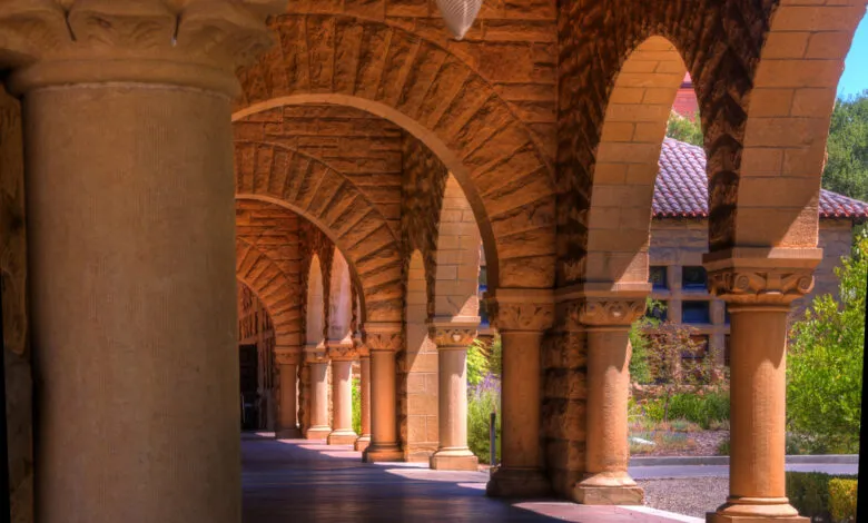 Stanford University's iconic arches and columns create a sun-drenched walkway.