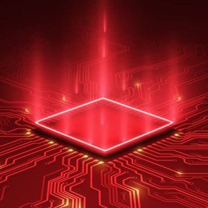 Abstract red glowing CPU on circuit board