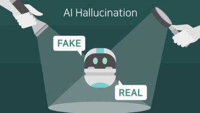 Illustration of AI hallucination: a robot under scrutiny, labeled 'FAKE' and 'REAL', illuminated by flashlights and a magnifying glass.