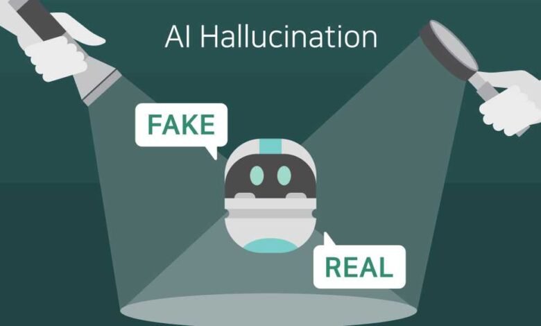 Illustration of AI hallucination: a robot under scrutiny, labeled 'FAKE' and 'REAL', illuminated by flashlights and a magnifying glass.