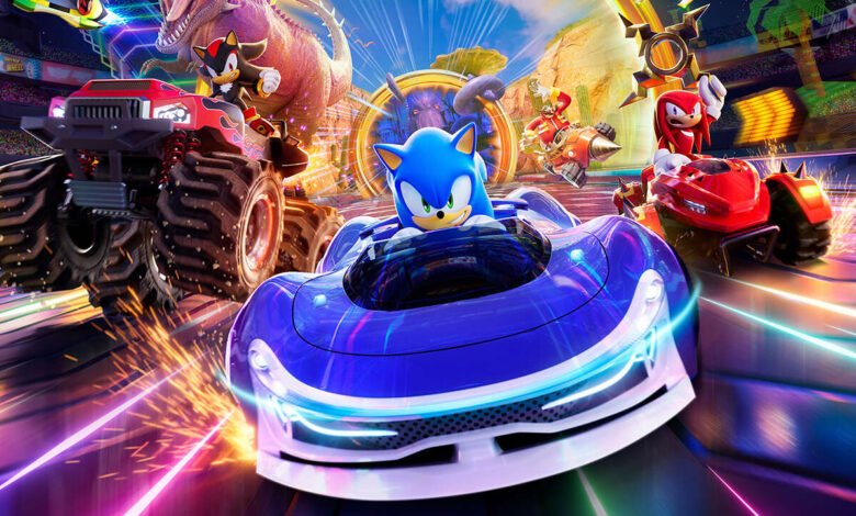 Sonic the Hedgehog racing in a futuristic blue car, with Shadow and Knuckles in other vehicles.