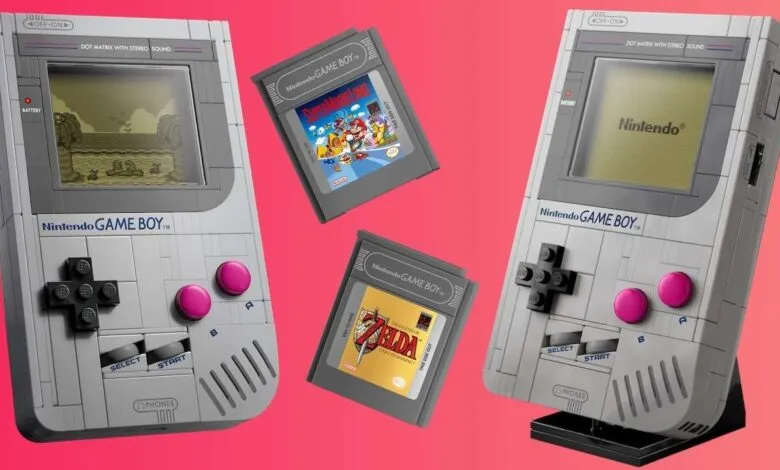 LEGO Nintendo Game Boy with game cartridges, including Super Mario Land and The Legend of Zelda.