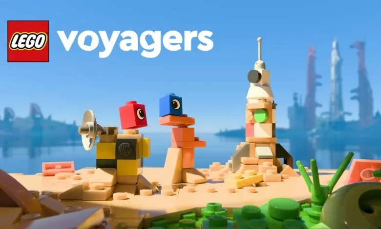 Lego Voyagers key art: charming Lego characters on a beach, gazing at rockets in the distance.