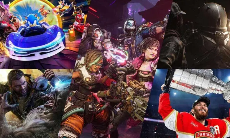 Collage of video game characters, a hockey player with the Stanley Cup, and intense action scenes.