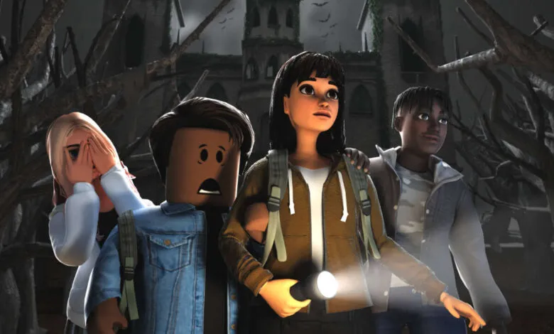 Roblox avatars explore a spooky haunted house at night, holding a flashlight.