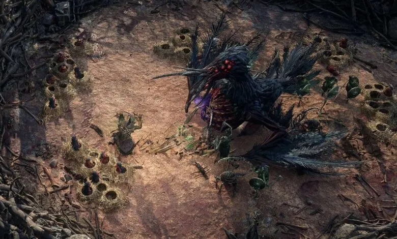Epic battle scene in Path of Exile 2, showing a large, dark bird-like creature surrounded by fallen enemies and nests.