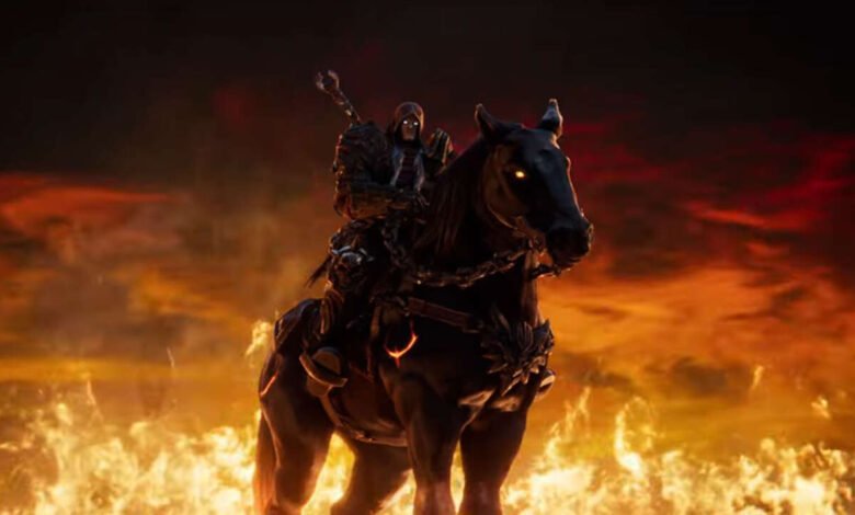 A skeletal figure in dark armor rides a black horse through a fiery, apocalyptic landscape.