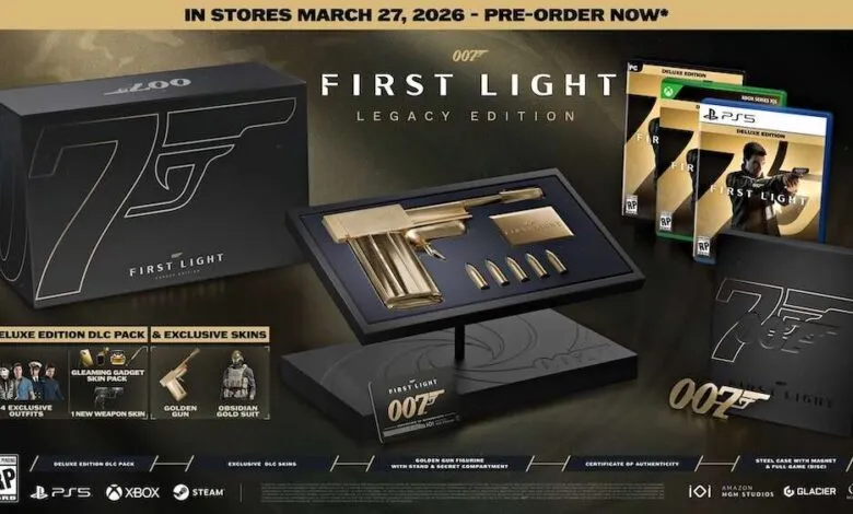 007's First Light Legacy Edition: A collector's edition showcasing a gold gun replica, game copies, and exclusive DLC.