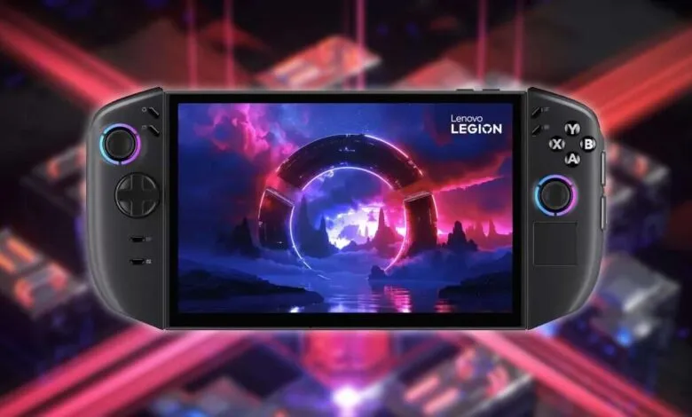 Lenovo Legion Go handheld gaming device with a vibrant sci-fi landscape on its screen.