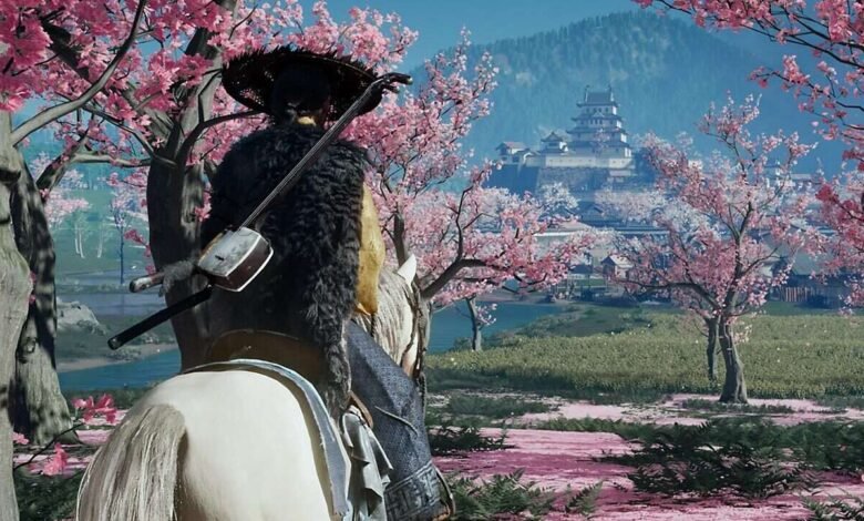 Samurai on horseback rides through a field of pink cherry blossoms towards a Japanese castle.