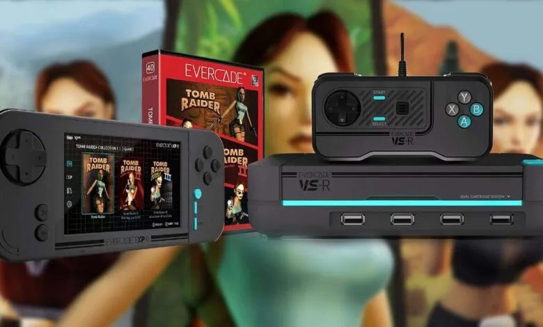 Evercade VS and EXP handheld consoles with Tomb Raider game cartridges. Retro gaming system.