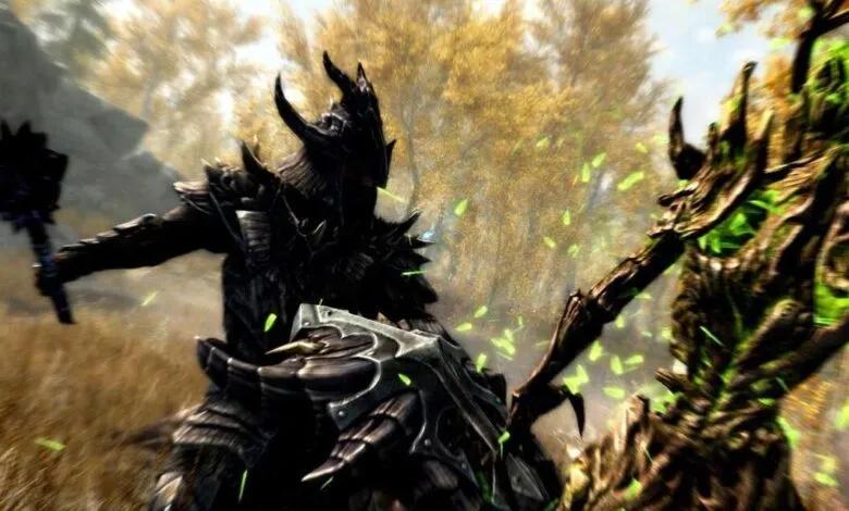 Dynamic action shot from Skyrim; a dark armored warrior battles a glowing, tree-like creature.