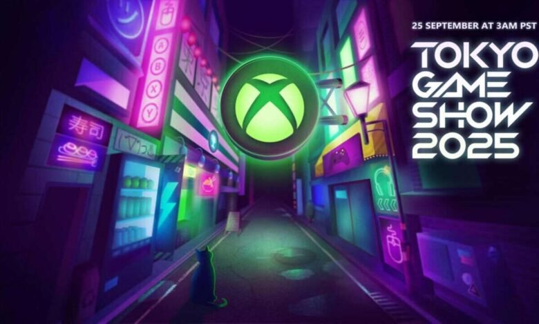 Xbox logo in neon-lit Tokyo street, promoting Tokyo Game Show 2025.