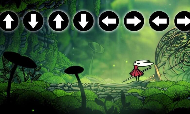 Hollow Knight: Silksong gameplay showing the Knight in a lush green forest, with directional arrows displayed above.