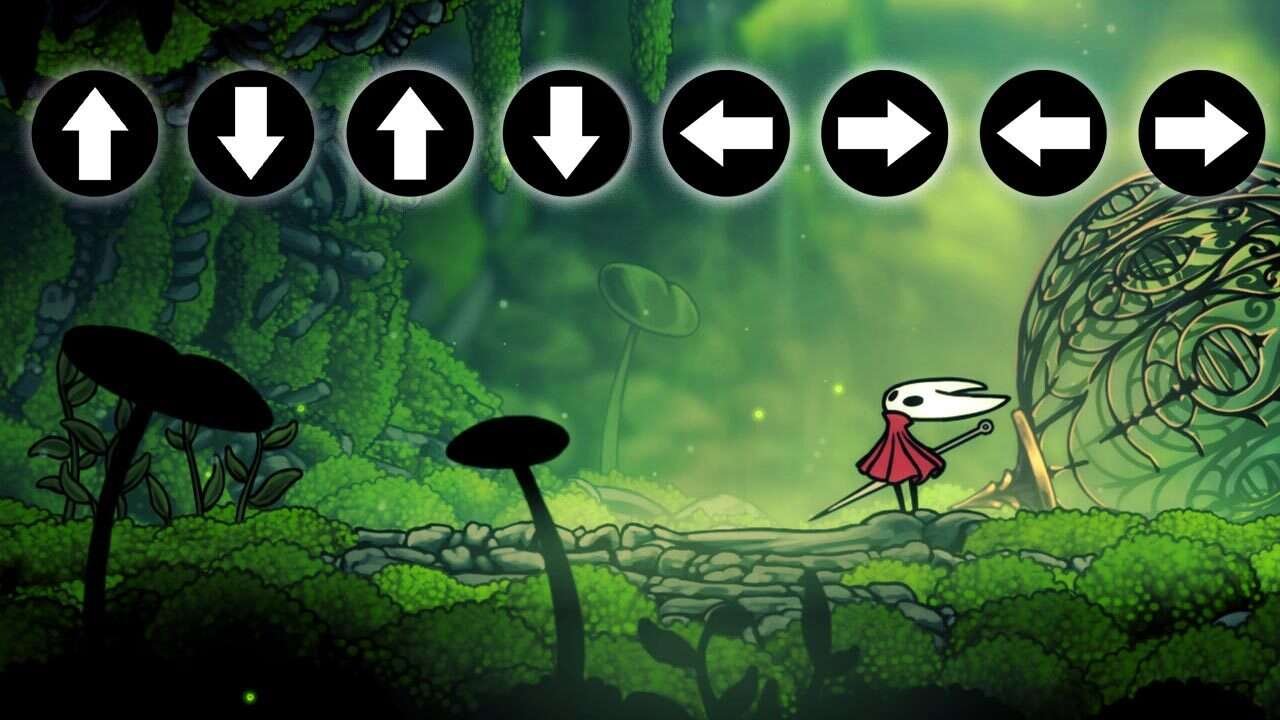 Hollow Knight: Silksong gameplay showing the Knight in a lush green forest, with directional arrows displayed above.