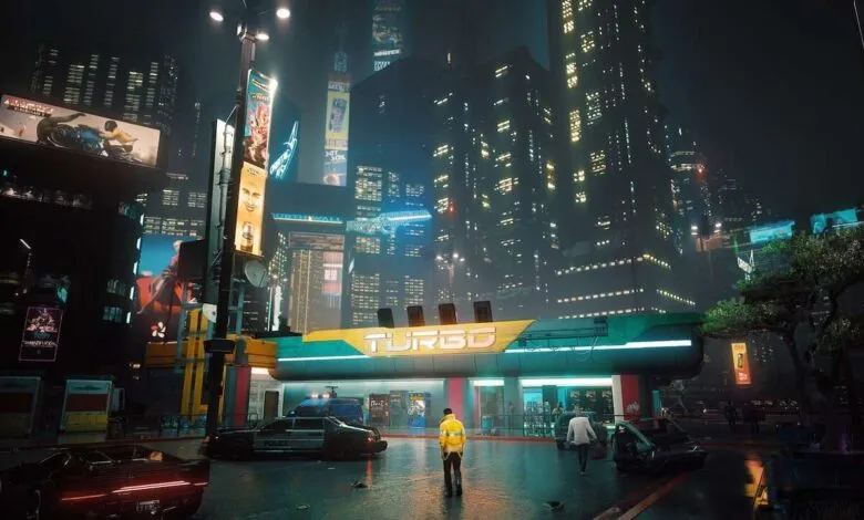 Cyberpunk city street scene at night, featuring a retro-futuristic gas station and towering buildings with bright neon signs.