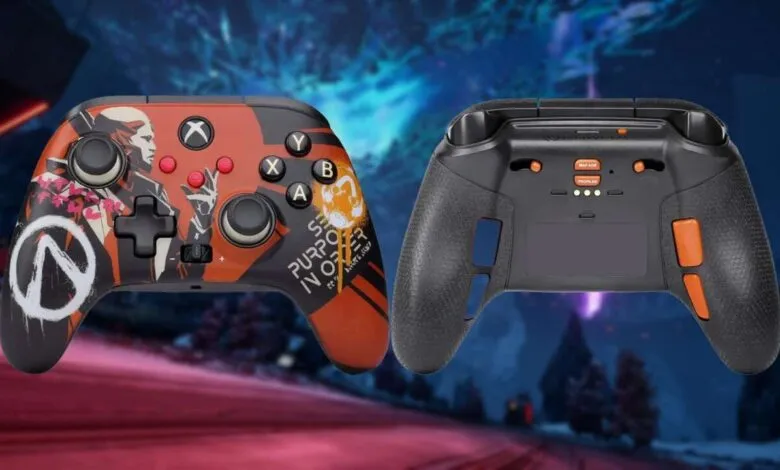 Borderlands 4 themed Xbox controller and a black controller shown side-by-side against a game background.