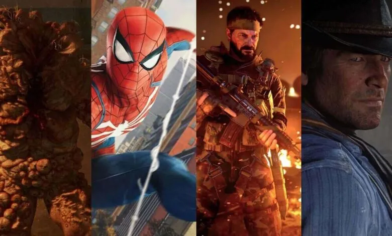 Collage of video game characters: a monstrous creature, Spider-Man, a soldier, and a cowboy.