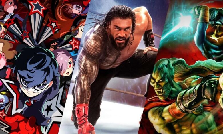 Collage featuring Persona 5, Roman Reigns, and a fighting game character.