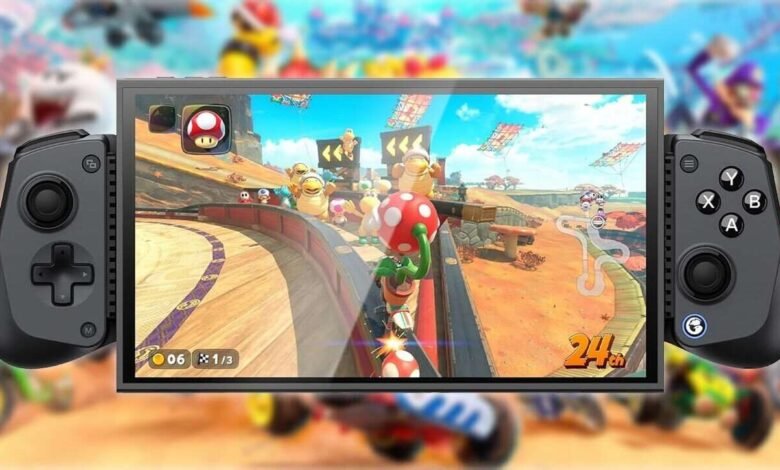 Nintendo Switch playing Mario Kart with a GameSir mobile gaming controller attached.