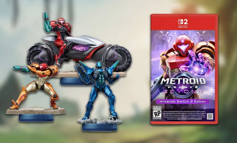 Samus Aran figurines and Metroid Prime 4 Beyond Nintendo Switch game box.