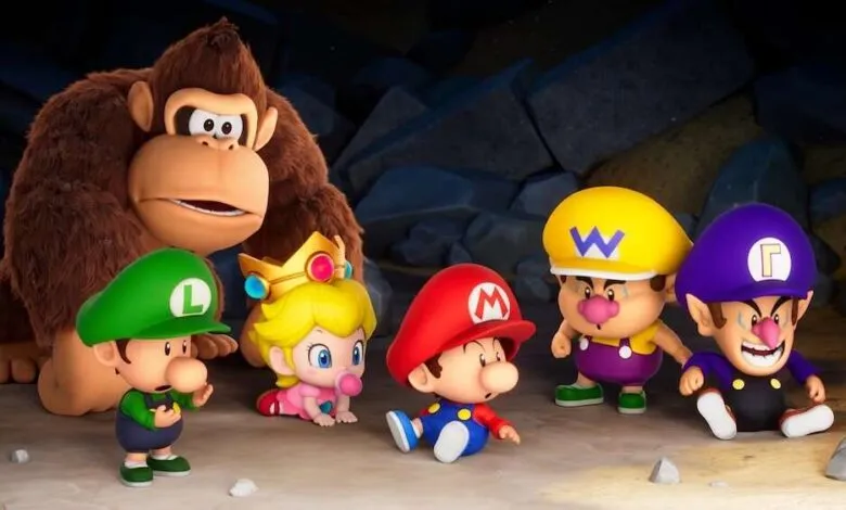 Baby Mario, Luigi, Peach, and Wario with Donkey Kong in a dark cave.
