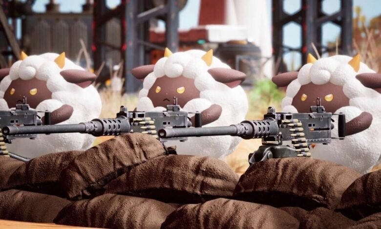 Three cute, cartoon sheep operate machine guns from sandbag positions.