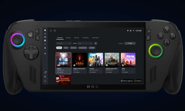 ASUS ROG Ally handheld gaming console displaying various installed games like Diablo II, Fortnite, and Kingdom Come: Deliverance.