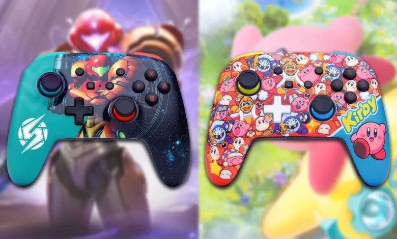 Two custom video game controllers: one features Samus Aran from Metroid, the other features Kirby characters.