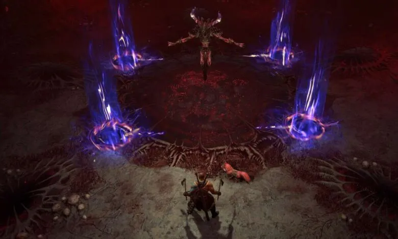 Player character facing a demon in a ritualistic arena with purple energy pillars.