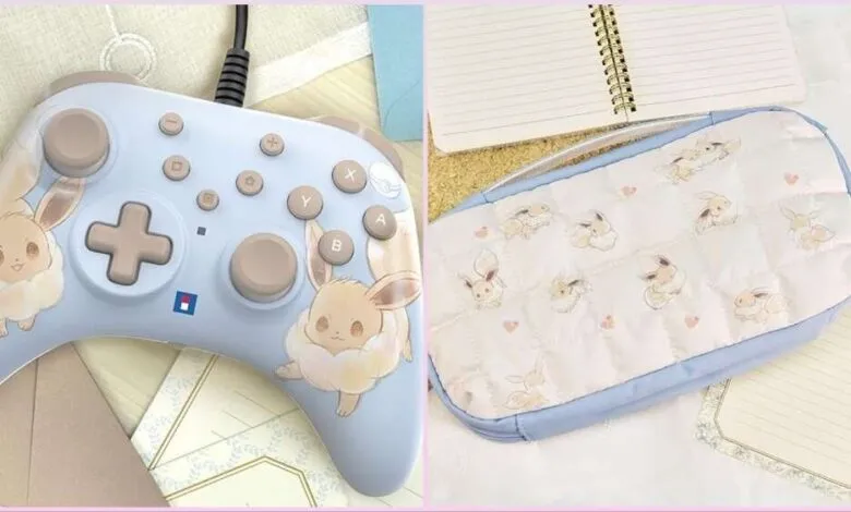 Adorable pastel blue Eevee-themed Nintendo Switch controller and carrying case.
