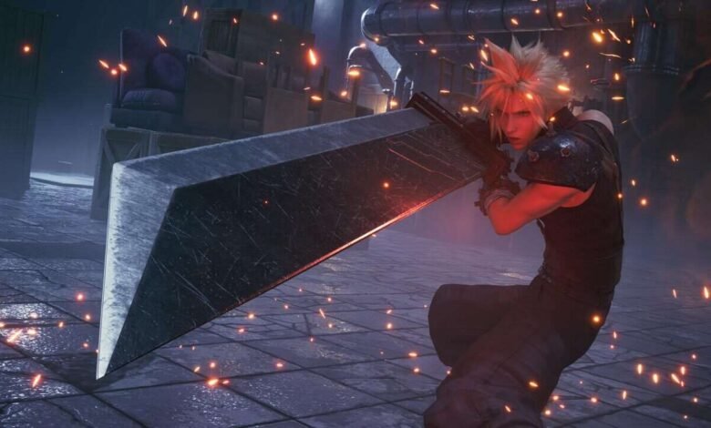 Cloud Strife, Final Fantasy VII Remake, wields the Buster Sword in a dramatic battle scene.