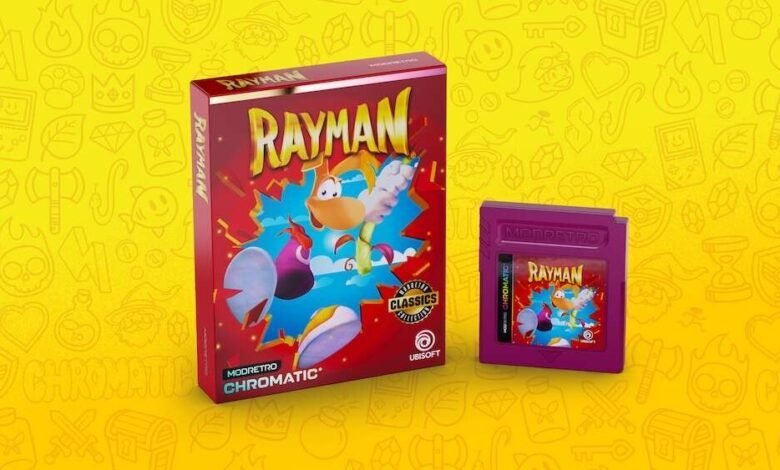Rayman game cartridge and box in vibrant retro style. A purple Game Boy-style cartridge and red box with Rayman artwork.
