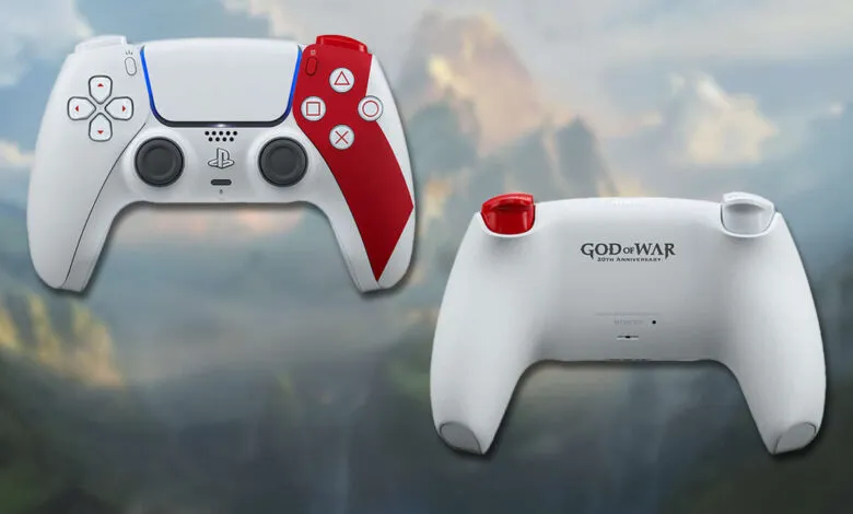 Two white PlayStation 5 controllers with red accents, one featuring God of War 20th Anniversary branding.