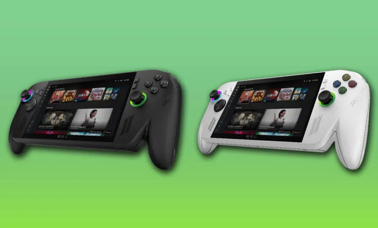 Two handheld gaming consoles, one black and one white, displaying game interfaces.