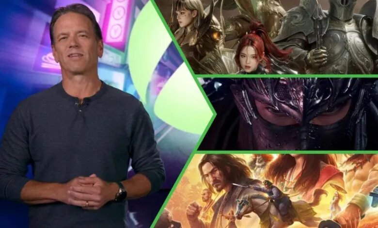 Man in dark shirt speaking, with collage of fantasy game art.