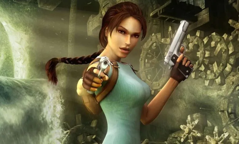 Lara Croft holding two pistols in a jungle temple with a waterfall.