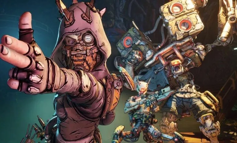 A character in a hooded mask points forward, with robotic figures behind.