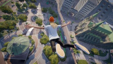 Skateboarder in mid-air, arms outstretched, over a city park.