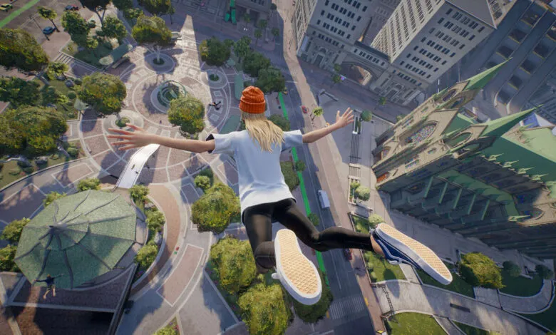 Skateboarder in mid-air, arms outstretched, over a city park.