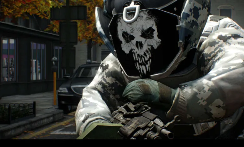 A character in a skull mask and camouflage armor holds a weapon.